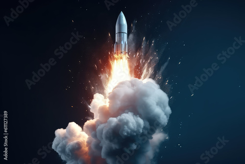 The rocket takes off upwards leaving white clouds of smoke underneath, isolated on dark background with copy space. Concept of science, space travel, space exploration. Generative AI photo imitation