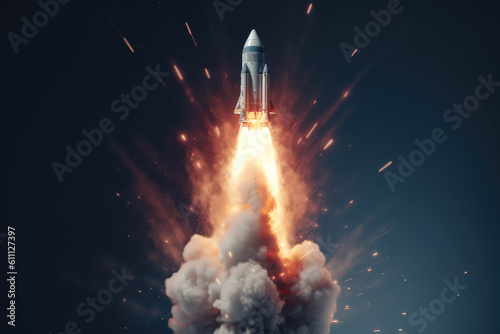 Little rocket takes off upwards leaving clouds of smoke underneath, isolated on dark background with copy space. Concept of science, space travel, space exploration. Generative AI photo imitation