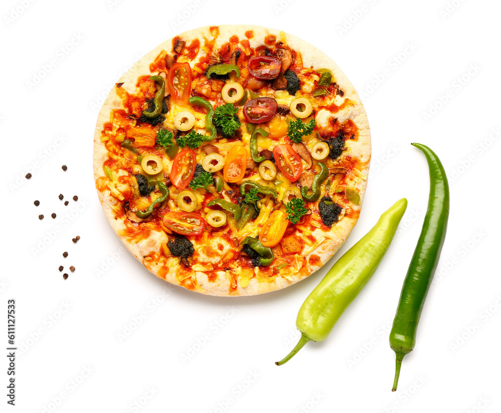 Vegetable pizza with chilli on white background Vegetable pizza with chilli on white background