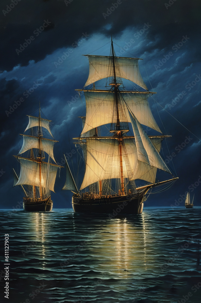 Fototapeta premium Three masted schooners at night illustrated with generative ai