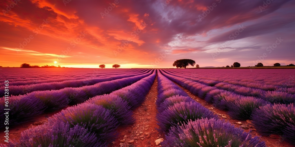 Fototapeta premium AI Generated. AI Generative. Beautiful pink lavender field. Wild nature adventure farm garden. Graphic Art
