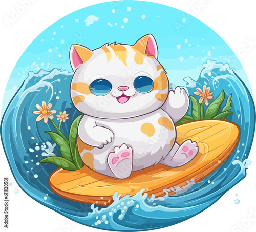 Cartoon The Chubby Cat is surfing in the sea Design, Png, illustration, Generative AI