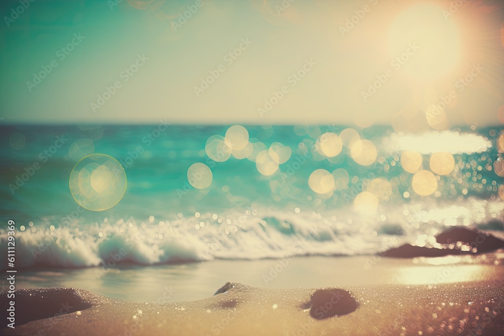 Background of a tropical beach with bokeh waves of light and the sun. Idea for an outdoor summer adventure excursion in the copy space. a color scheme with a retro tone filter. Generative AI Background of a tropical beach with bokeh waves of light and the sun. Idea for an outdoor summer adventure excursion in the copy space. a color scheme with a retro tone filter. Generative AI