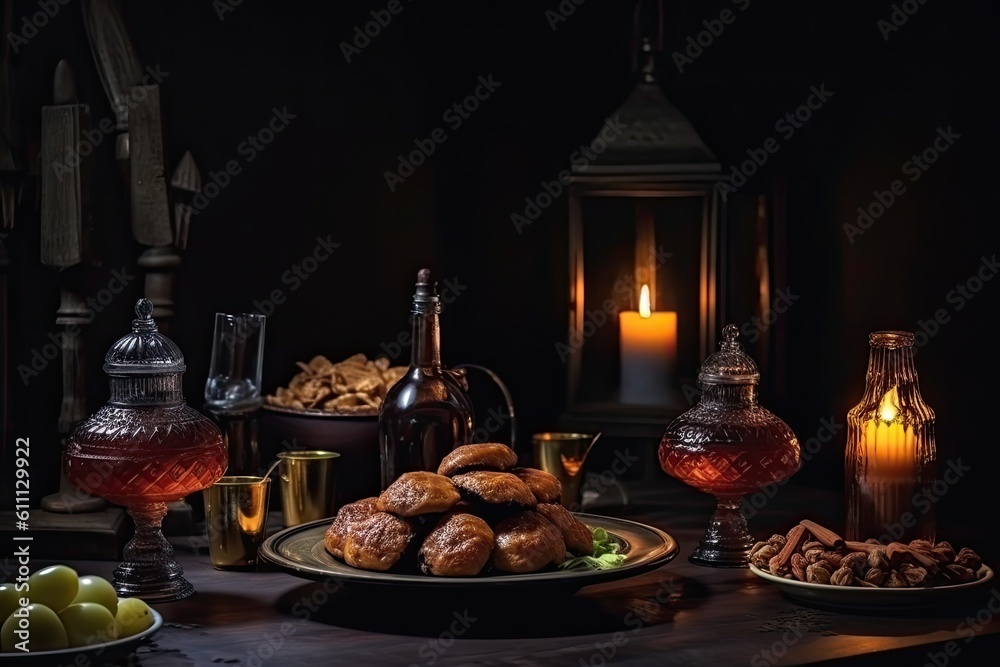 Still life with dates, wine, walnuts and candlesticks, Delicious Ramadan iftar and Suhoor traditional meal, AI Generated