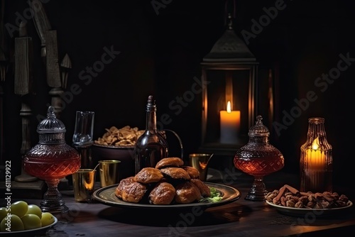 Still life with dates, wine, walnuts and candlesticks, Delicious Ramadan iftar and Suhoor traditional meal, AI Generated