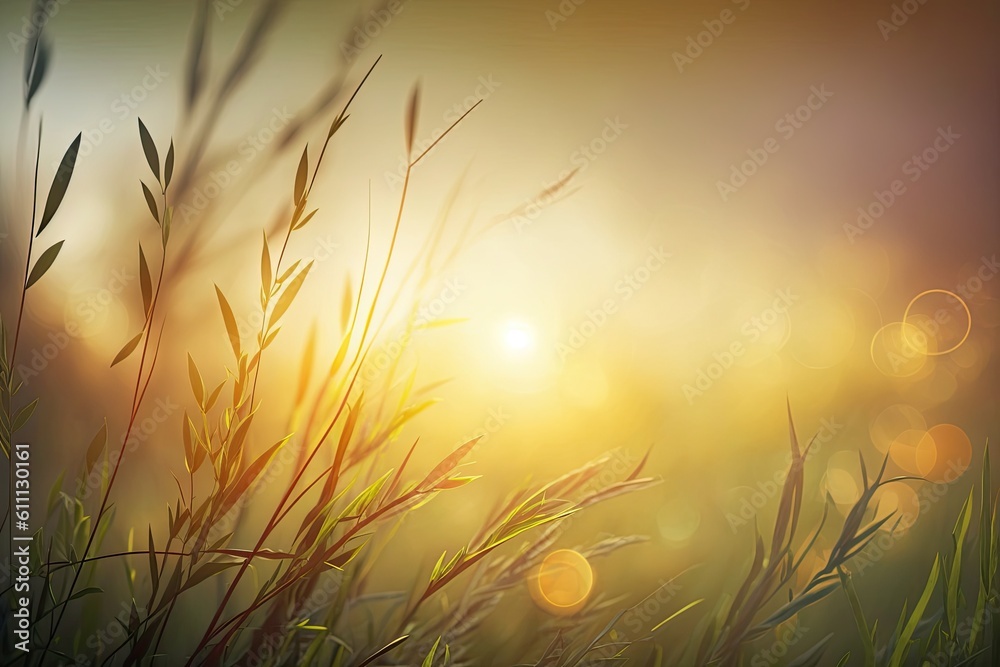 Abstract spring or summer nature backdrop with grass in the meadow and sunset sky in the background. Generative AI
