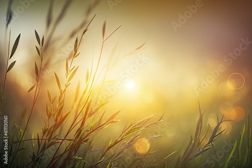 Abstract spring or summer nature backdrop with grass in the meadow and sunset sky in the background. Generative AI