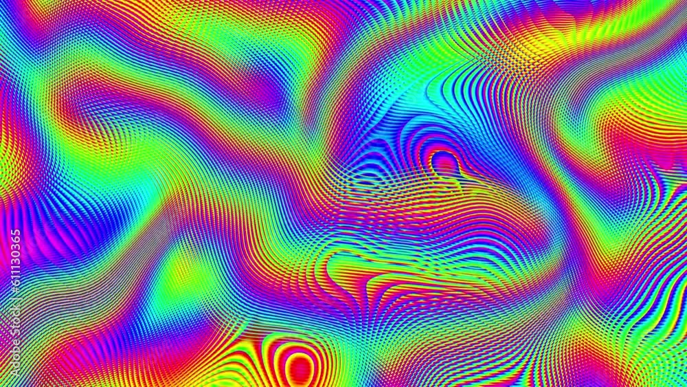 Seamless abstract psychedelic wavy background for loop playback. 4k video. Spectrum RGB colors