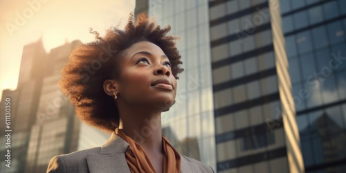 Happy wealthy rich successful black businesswoman standing in big city modern skyscrapers street on sunset thinking of successful vision, dreaming of new investment opportunities. Generative AI