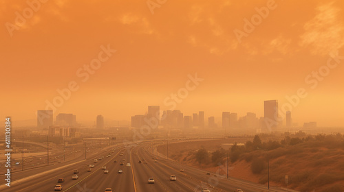sunset in the city orange air quality due to fire in forest California 