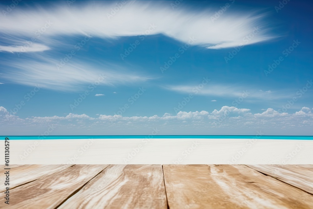 Fototapeta premium For showcasing your stuff - beach & summer themes - use a wood table top with a blue sea and sky background. Generative AI