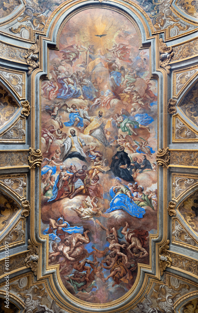 NAPLES, ITALY APRIL 20, 2023 The ceiling fresco Triumph of religion