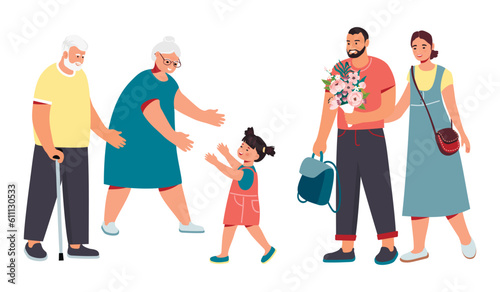 Elderly parents, adult son with wife and little granddaughter.Family meeting in three generations. Happy relatives have fun together.Smiling characters in color.Vector  flat illustration on white.