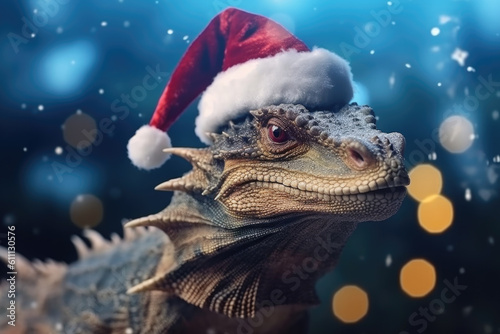 Dragon in the santa hat on blue blur christmas background. Symbol of 2024. Chinese New Year. Generative AI © Happy85