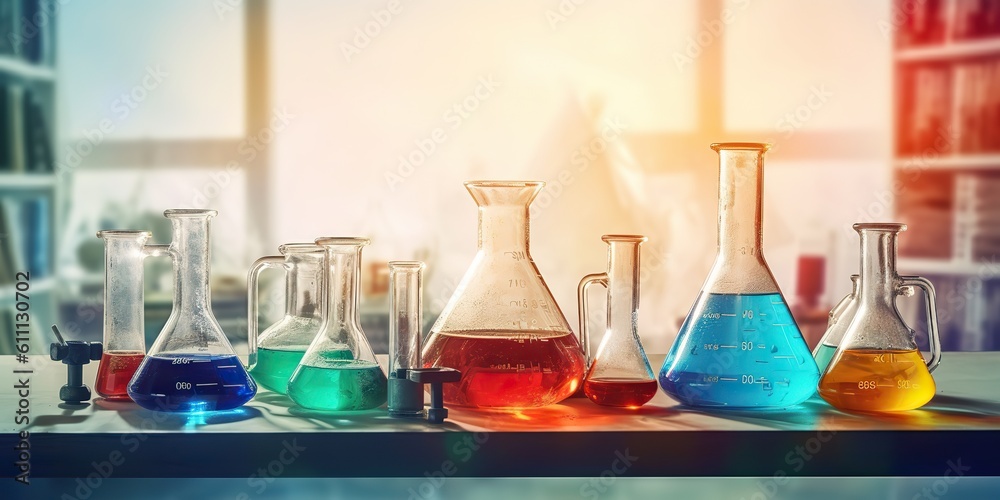 AI Generated. AI Generative. Chemistry lab laboratory technical equipment with many glassware bottle for medicine research. Graphic Art AI Generated. AI Generative. Chemistry lab laboratory technical equipment with many glassware bottle for medicine research. Graphic Art