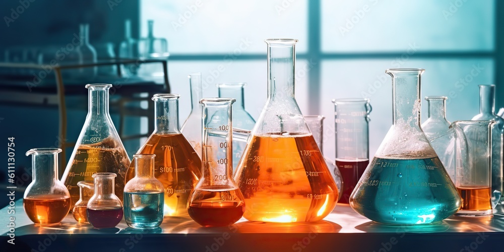 AI Generated. AI Generative. Chemistry lab laboratory technical equipment with many glassware bottle for medicine research. Graphic Art AI Generated. AI Generative. Chemistry lab laboratory technical equipment with many glassware bottle for medicine research. Graphic Art