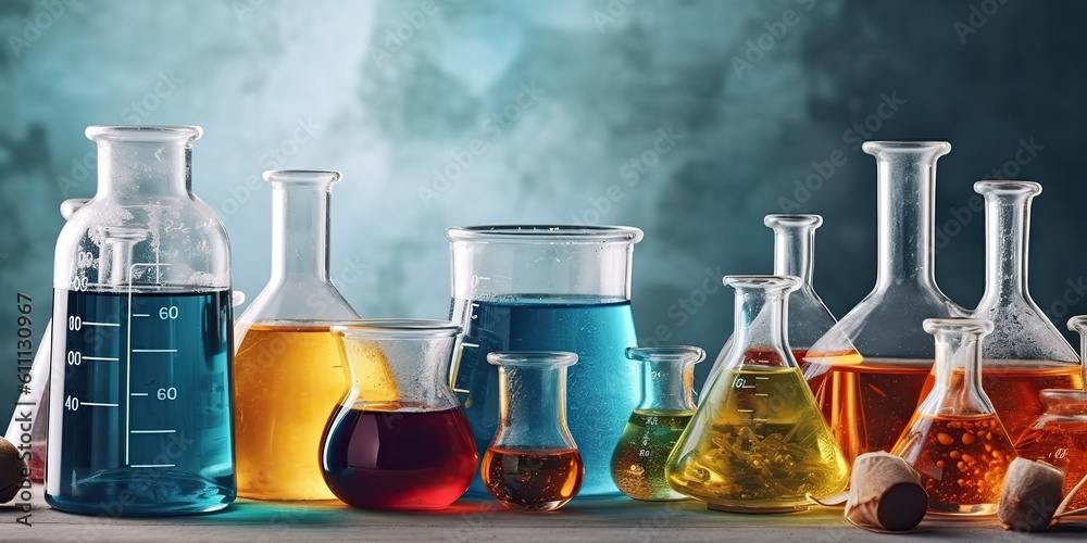 AI Generated. AI Generative. Chemistry lab laboratory technical equipment with many glassware bottle for medicine research. Graphic Art AI Generated. AI Generative. Chemistry lab laboratory technical equipment with many glassware bottle for medicine research. Graphic Art