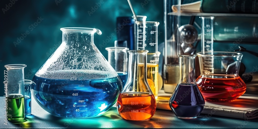 AI Generated. AI Generative. Chemistry lab laboratory technical equipment with many glassware bottle for medicine research. Graphic Art AI Generated. AI Generative. Chemistry lab laboratory technical equipment with many glassware bottle for medicine research. Graphic Art