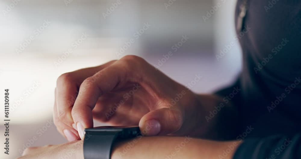 Closeup, time and person with a smart watch, workout goal and checking progress with commitment, exercise and wellness. People, athlete or training, target and fitness tracker with apps and sports Closeup, time and person with a smart watch, workout goal and checking progress with commitment, exercise and wellness. People, athlete or training, target and fitness tracker with apps and sports