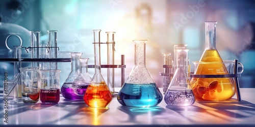 AI Generated. AI Generative. Chemistry lab laboratory technical equipment with many glassware bottle for medicine research. Graphic Art