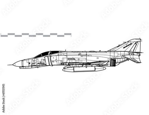 McDonnell Douglas F-4E Phantom II. Vector drawing of multirole tactical figter. Side view. Image for illustration and infographics. photo