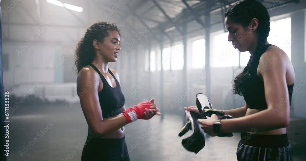 Boxer, smile or happy woman with coach in gym for exercise after training, workout or winning