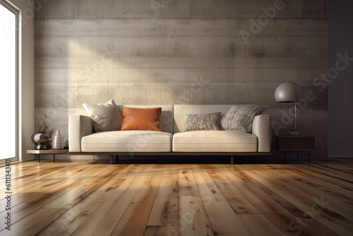 modern grey couch on a wooden floor. Generative AI