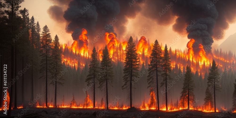Burning forest spruces in fire flames, nature disaster concept illustration background, poster danger, careful with fires in the woods. Ecological disaster. Generative AI