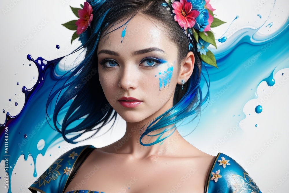 Young glamour attractive sexy european brunette girl with beautiful colorful paint on her face posing for fashion photo shoot with flowers in her long hair in front of color background. Generative AI