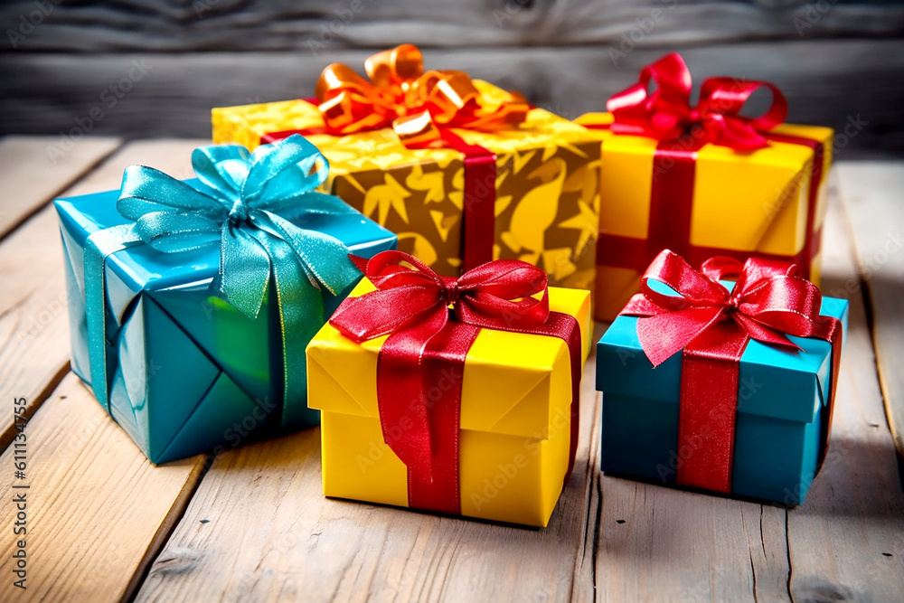 Obraz premium Colorful gift boxes with bows. Generative AI