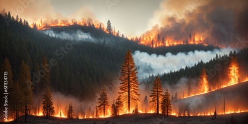 Smoke rising from a burned forest. Forest Fire. Development of forest fire. Flame is starting damage of trunk. Severe burn Fire destroyed everything Left only scorched trees and ashes. Generative AI
