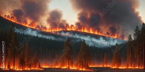 Burned forest spruces after fire nature background  nature disaster concept illustration  consequences of raising fires in forest  careful with fires in the woods  burnt fir trunks. Generative AI