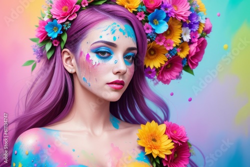 Young glamour attractive sexy european brunette girl with beautiful colorful paint on her face posing for fashion photo shoot with flowers in her long hair in front of color background. Generative AI