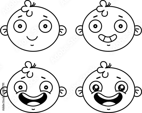 Children's faces with different emotions. The boy smiles and is sad. A set with emotions. Icons with thin lines for websites, applications and design. Minimalistic flat style.