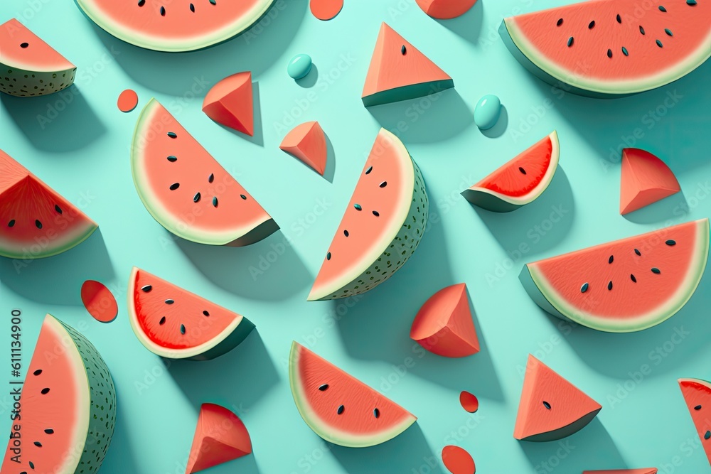 Elegant sunlight On a pale blue background, a summer pattern made of watermelon fruit is shown. Basically the summer theme. Generative AI Elegant sunlight On a pale blue background, a summer pattern made of watermelon fruit is shown. Basically the summer theme. Generative AI