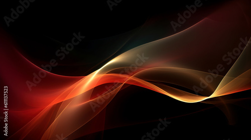 Red and gold glowing smoke on black background. Wavy smoky lines with smooth transitions. Abstract dark banner. Digital art. Generative Ai.