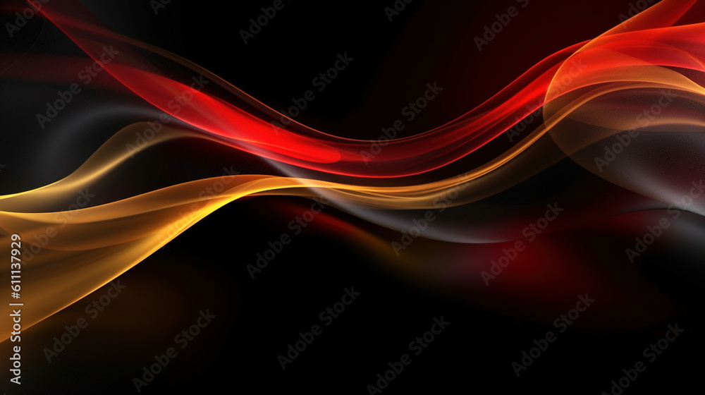 Fototapeta premium Abstract 3d background. Wavy smokey glowing stripes in red and gold tones on black background. Generative Ai.