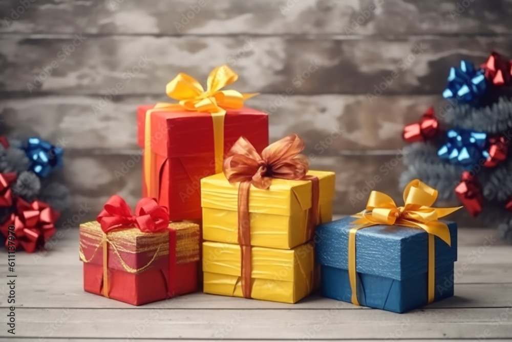 Colorful gift boxes with bows on wooden background. Generative AI Colorful gift boxes with bows on wooden background. Generative AI
