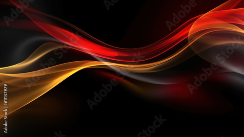 Abstract 3d background. Wavy smokey glowing stripes in red and gold tones on black background. Generative Ai.
