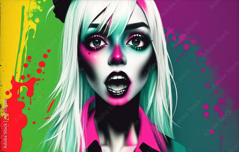 Zombie woman portrait on a grunge background in pop art comic style. Generative AI. Zombie woman portrait on a grunge background in pop art comic style. Generative AI.