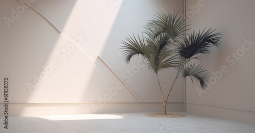 An empty room surrounded by a palm tree and white drywall, Illustration AI Generative.
