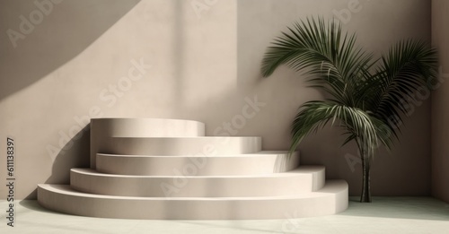 An empty room surrounded by a palm tree and white drywall, Illustration AI Generative.