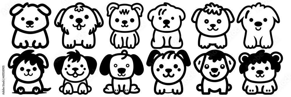 Kawaii dog silhouettes set, large pack of vector silhouette design, isolated white background