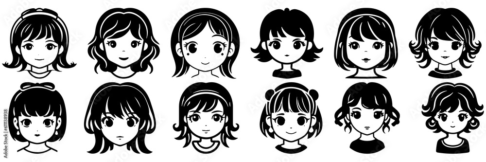 Kawaii girl silhouettes set, large pack of vector silhouette design, isolated white background Kawaii girl silhouettes set, large pack of vector silhouette design, isolated white background