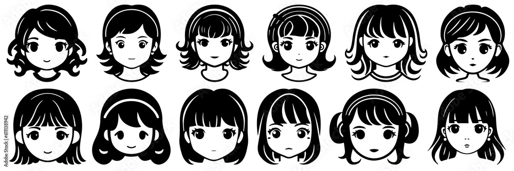 Kawaii girl silhouettes set, large pack of vector silhouette design, isolated white background Kawaii girl silhouettes set, large pack of vector silhouette design, isolated white background