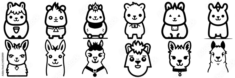 Fototapeta premium Kawaii llama alpaca silhouettes set, large pack of vector silhouette design, isolated white background