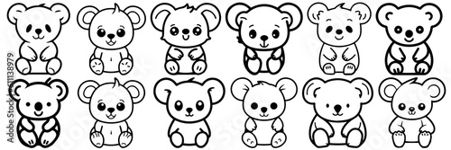 Kawaii koala silhouettes set, large pack of vector silhouette design, isolated white background