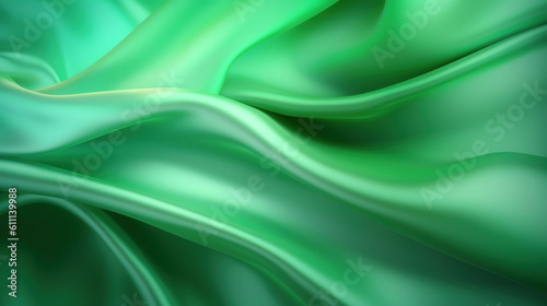 Green satin texture. Abstract 3d background. Smooth glossy silk drapery. Generative Ai.