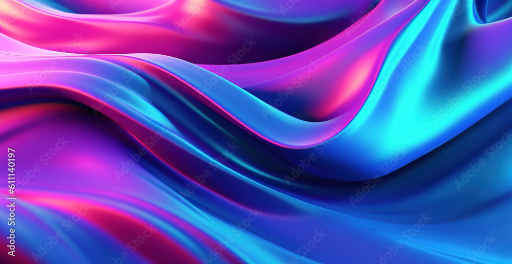 Obraz premium Abstract 3D background. Wavy satin silk fabric in blue and purple colors. Generative Ai.