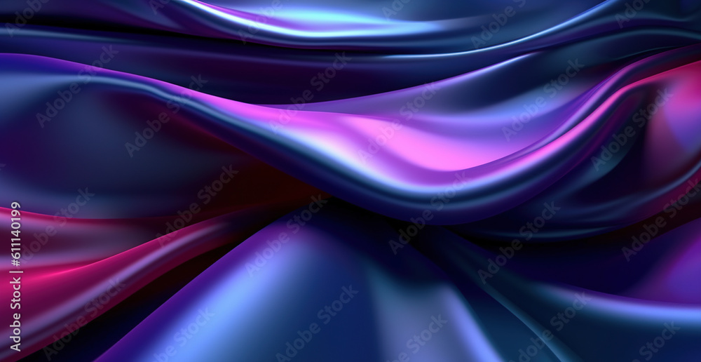 Obraz premium Abstract 3D background. Wavy satin silk fabric in blue and purple colors. Generative Ai.
